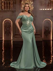 Glamrae Chân váy cỡ lớn sang trọng, thanh lịch với chất liệu ren, sequin và satin phối nhiều mảnh, xẻ tà đuôi cá gợi cảm, viền xếp ly, thích hợp cho các bữa tiệc, dạ hội, lễ kỷ niệm, đám cưới và các dịp trang trọng. - màu xanh lá - Xem 8