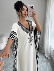 Rafferiza 女士优雅几何印花宽松圆领连衣裙，适合通勤、春夏穿着 - 彩色 - 查看 7