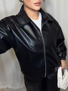 Dayanna Comas Drop Shoulder Slant Pockets PU Jacket - Hitam - View 5