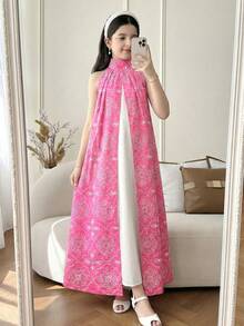 SHEIN Vestido de niña preadolescente de estilo primavera/verano con estampado floral, cuello blanco y parches en color fucsia, de estilo medio oriental/árabe - Rosa Fucsia - Ver 3