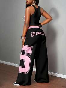 Slaydiva 女士休闲街头紧身背心和宽松长裤套装，适合街头穿着，黑色和粉色印花，“95s”文字印花圆领背心洛杉矶喇叭腿女士休闲时尚瑜伽背心和宽松长裤套装，适合街头穿着，加大码两件套 - 彩色 - 查看 2
