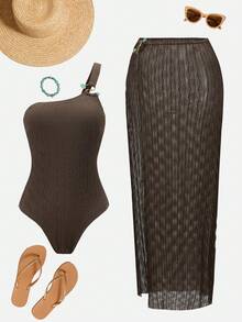 Swim Oasis Women's Elegant One-Piece Swimsuit With Metal Buckle, Brown Textured Fabric, Green Buttons, Suitable For Beach, Resort, Party - Brown - View 1