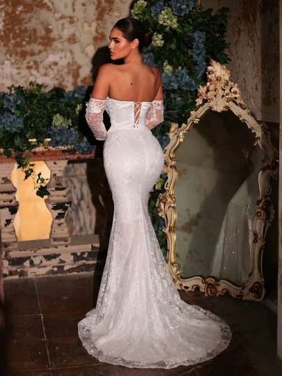 Glamrae 优雅奢华的白色珠绣缎面拼接船领长袖二合一美人鱼尾礼服，带拖尾，适合婚礼穿着。