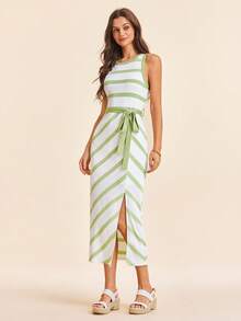 Coeurva 女士时尚优雅休闲针织条纹印花连衣裙，柔软弹力面料 - 綠色 - 查看 6