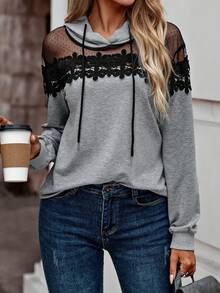 EMERY ROSE Sweat-shirt à capuche décontracté avec cordon de serrage, patchwork en dentelle et taille pour femmes grandes tailles, automne/hiver - Gris pâle - Voir 5