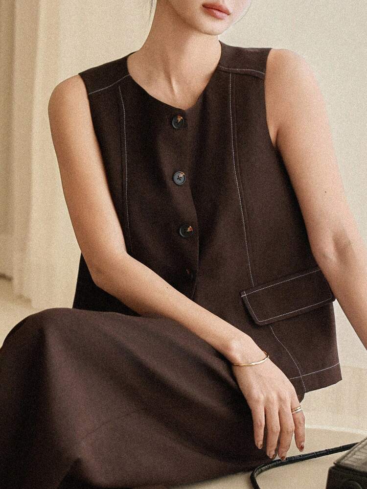 Women's Solid Color Single-Breasted Vest And Pleated Wide-Leg Pants Casual 2 Pieces Set Summer
