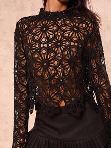 Glamine Black Sexy Cut Out Water-Soluble Embroidery Flare Sleeve Women's Blouse - Black - View 6
