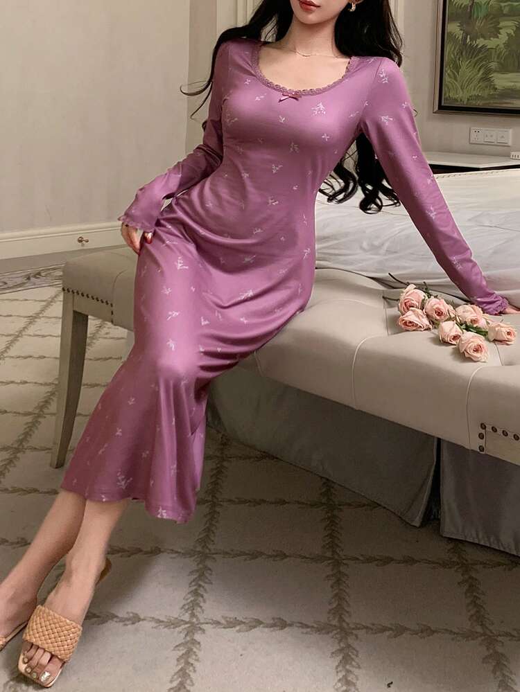 Ditsy Floral Cinched Waist Mid-Length Women's Nightgown