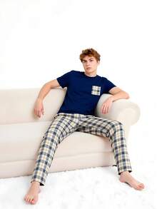 男士格子衬衫长裤两件套，青少年男孩休闲家居服 - 藏蓝色 - 查看 7