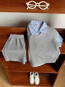 SHEIN Conjunto de 3 piezas para niños pequeños: chaleco casual, camisa a rayas y pantalones cortos, adecuado para fiesta de cumpleaños, fiesta de noche, actuación, boda, escuela, bautizo, baby shower, primavera/verano/otoño - Gris - Ver 4