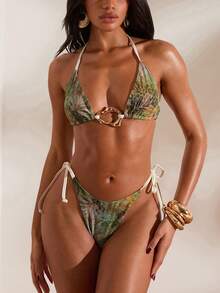 Opulessa 女士夏季沙滩扎染印花金属装饰吊带系带性感比基尼泳衣套装 - 彩色 - 查看 5