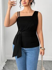 Elenzga Plus Size Women Elastic Knit Fashion Elegant Camisole With Top, Metal Buckle, Asymmetric Design, Suitable For Commuting, Shopping, Party, Daily Wear, All Seasons - Black - View 4