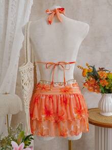 Bonvoyette 女士泳装夏季比基尼泳装，度假优雅比基尼，芙蓉花橙色印花，高领露脐吊带露背上衣，内置胸罩，露脐背心吊带泳装，适合度假、海滩、花园婚礼宾客穿着，女士情人节新年派对度假装，2026春夏海滩装 - 橘色 - 查看 2