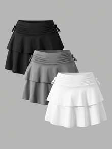 SHEIN 三件套少女优雅褶皱迷你连衣裙,休闲褶皱腰身A字裙,内置安全短裤,百搭夏季沙滩裙,可搭配T恤、背心、Polo衫,四季皆宜 - 彩色 - 查看 3
