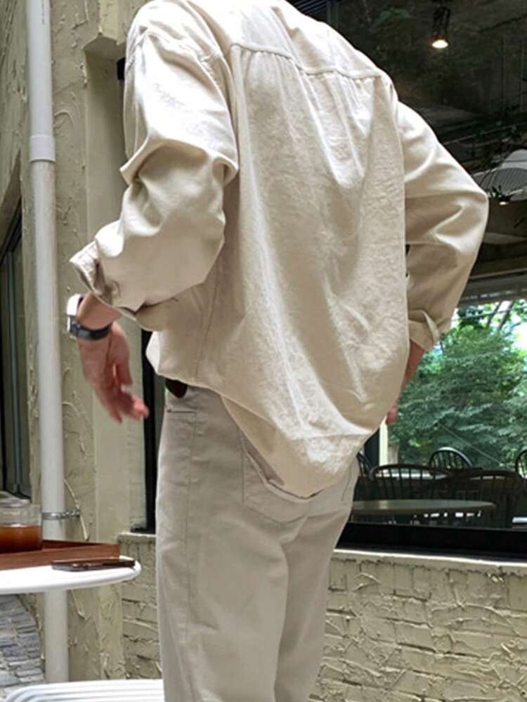Men's Solid Color Long Sleeve Pocket Shirt, Suitable For Commuting, Spring/Autumn