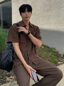 DAZY Men's Solid Gray Short Sleeve Shirt And Pants Set, Spring/Summer - Grey - View 5