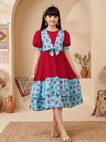 SHEIN Tween Girl Ditsy Floral Fitted Casual Round Neck Chiffon Dress, Sibling Outfits, Sisters Outfit, Suitable For Daily Wear, Festivals, Family Gatherings And Special Occasions, Spring And Summer, Perfect For Vacations - Red - View 2