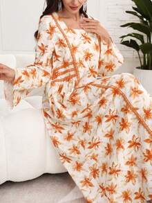 Al Najma Fashionable Floral Print Ruffle Trim Square Neck Loose Elegant Dress - Multicolor - View 3