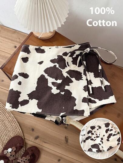 Comfortcana Women's Cow Print Wrap Tie Casual Summer Spring Beach Going Out Casual Vacation Leopard Print Chic Skort With Side Tie And A-Line Design