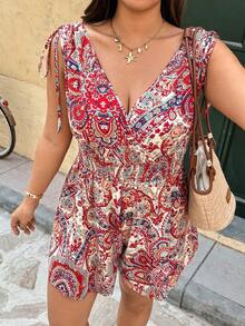 Ceyna 女士加大码波西米亚风印花系带露背无袖短款连体裤，多色编织面料，重叠领设计，适合度假穿着，适合身材丰满的女性，夏季加大码度假装 - 彩色 - 查看 4