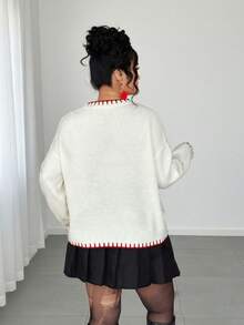 Elenzga Women's Red And White Elegant Fashion Cute Bow Tie Long Sleeve Loose Plus Size Sweater,Autumn Valentine's Day Jumper For Woman Everyday Sweater Tops - White - View 2