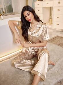 LuxeNights Faux Silk Leopard Print Cardigan Short Sleeve PJS For Women PJS For Women Silk Women Home Wear Sleepwear For Women Silk Luxury Pajama Women's PJSs - Gold - View 6