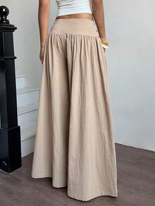 Siren Gaze 女士纯色高腰纽扣设计宽松阔腿裤 - 卡其色 - 查看 4