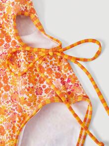 SHEIN MOD 1件装女士碎花吊带连体泳衣 - 橘色 - 查看 8