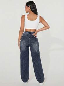 SHEIN PETITE Quần jean denim dáng suông rộng rãi, phong cách vintage rách rưới. - Màu xanh lam - Xem 6