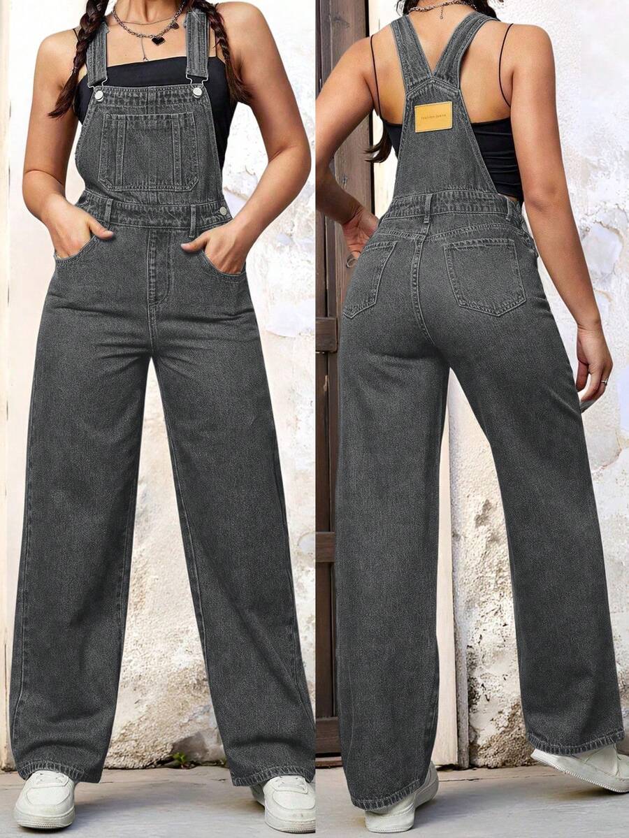 SHEIN ICON Bộ áo liền quần denim không tay, màu trơn, dáng rộng, có túi. - Xám - Xem 1