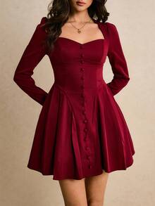Poéselle Women's Elegant Solid Color Sweetheart Collar Mini Dress Valentine's Day Outfit Women's New Arrivals For New Year & Spring Wine Dress Red Dress Women Elegant Women Mini Dresses Pleated Dress - Burgundy - View 6