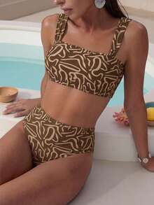 Swim Vcay 女士夏季泳衣，随机颜色印花吊带上衣和高腰泳裤，两件套沙滩度假比基尼套装 - 咖啡棕 - 查看 3