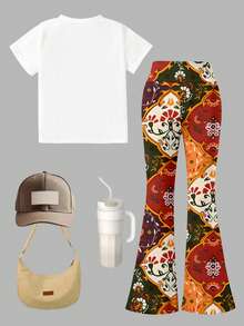 2pcs/Set Tween Girls Middle Eastern Star & Moon Golden Traditional Cute Moon Print Short Sleeve T-Shirt And Flare Pants Set, Fashionable Casual, Suitable For Spring/Summer - Multicolor - View 4