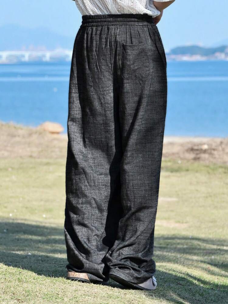 Men's Solid Black Elastic Waist Pants, Spring/Summer