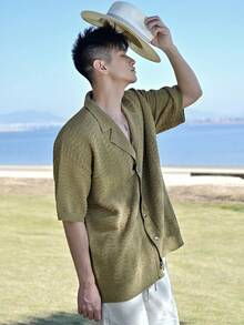 DAZY 男士纯绿色度假风开衫衬衫，夏季 - 綠色 - 查看 5