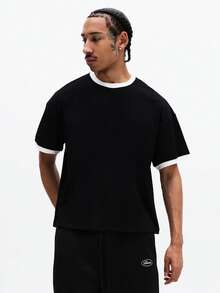 SUMWON Camiseta básica de manga corta con cuello redondo y detalles de contraste en blanco, de algodón, de corte regular, para uso diario, para hombre - Multicolor - Ver 1