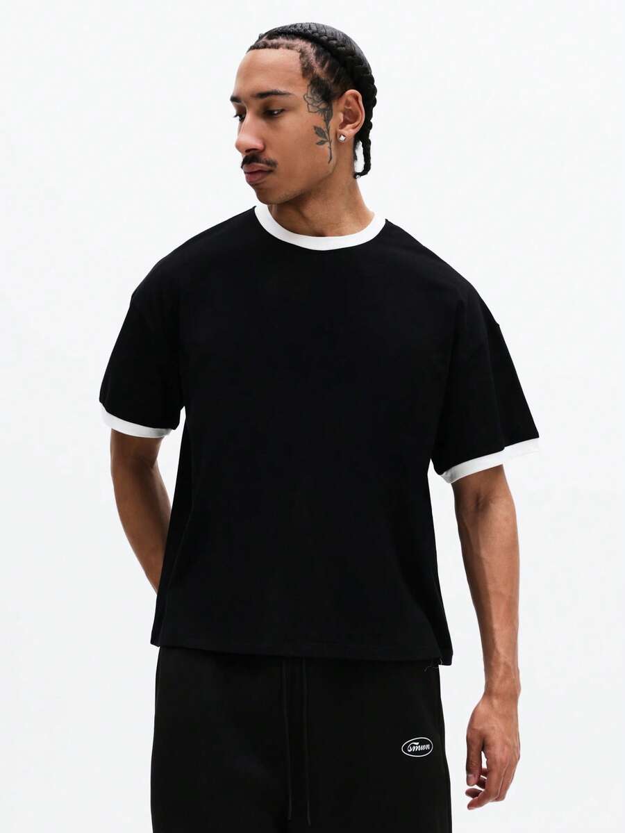 SUMWON Camiseta básica de manga corta con cuello redondo y detalles de contraste en blanco, de algodón, de corte regular, para uso diario, para hombre - Multicolor - Ver 1