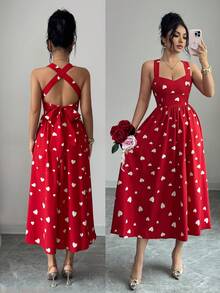 Rafferiza 2016新款优雅轻盈法式情人节红色爱心收腰A字中长连衣裙（女款） - 紅色 - 查看 2