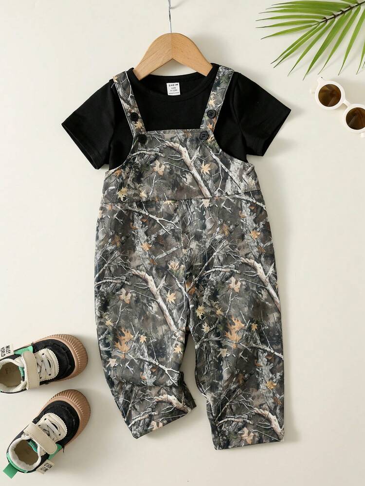 SHEIN Newborn Baby Boy Cute Versatile Casual Military Green Leaf Print Romper - Multicolor - View 1
