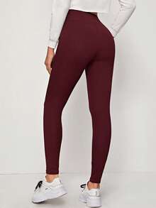 SHEIN EZwear 女士新款纯色高腰针织打底裤 - 酒紅色 - 查看 2
