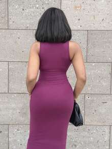 Alexandranx 极简主义通勤年轻街头风格灰色高领翻领无袖紧身 H 型下摆超长毛衣连衣裙女 - 紫色 - 查看 2