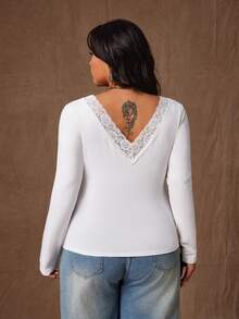 Rustia Trendig, sexig och mångsidig t-shirt med v-ringning och spets, elastisk långärmad - Vitt - Visa 2