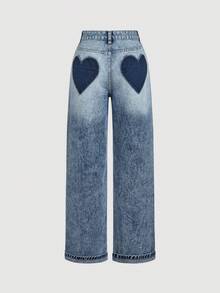 SHEIN MOD Women's Heart Pattern Casual Jeans Valentines Day - Blue - View 1