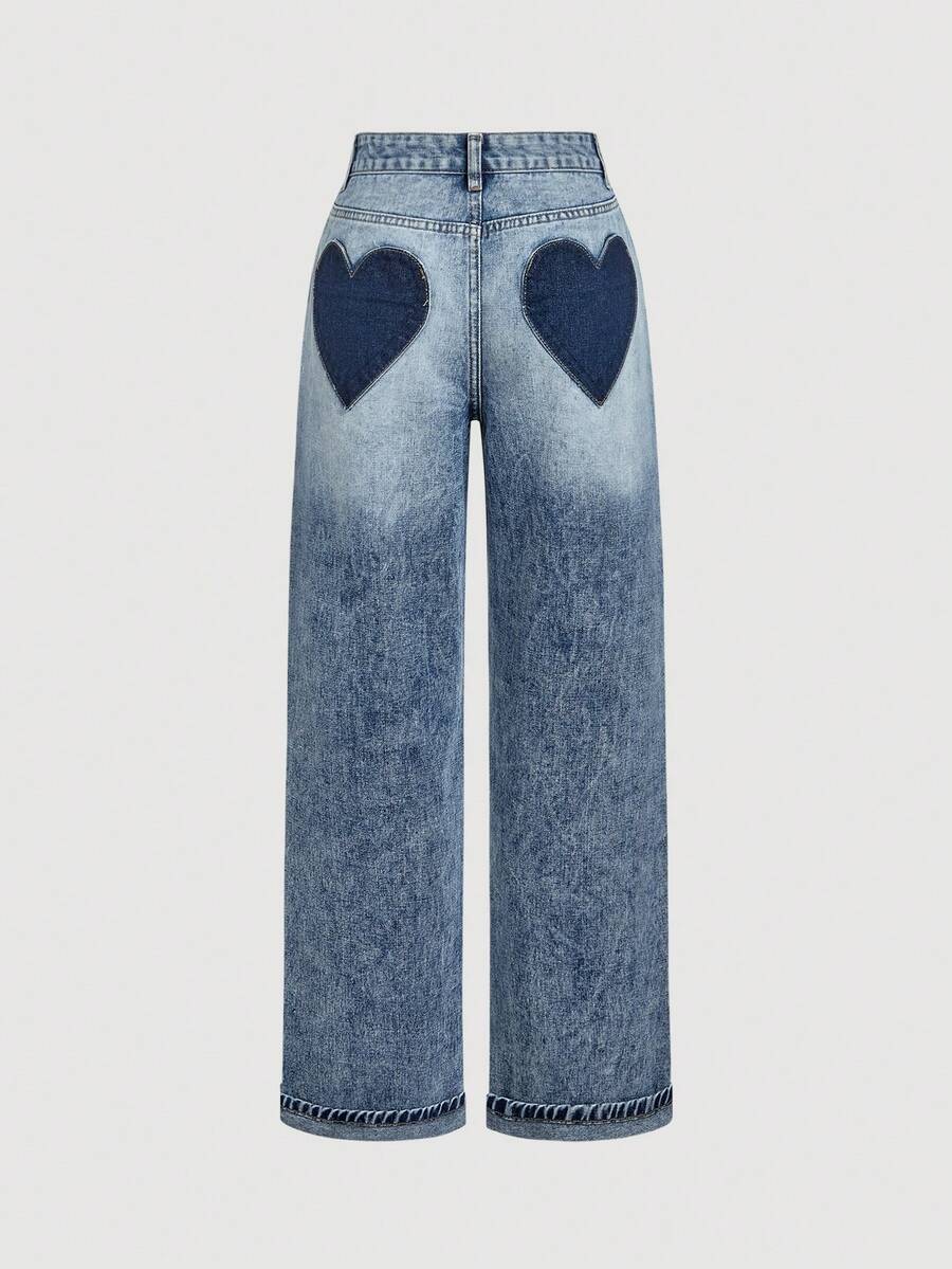 SHEIN MOD Women's Heart Pattern Casual Jeans Valentines Day - Blue - View 1