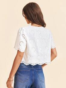 Coeurva 女士休闲提花蕾丝面料衬衫，白色女式上衣 - 白色 - 查看 3