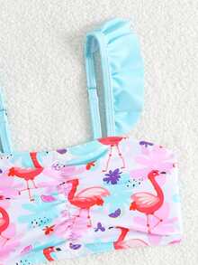 Girls (Small) Printed Swimsuit, Ruffled Trim, 3 PiecesSet - Baby Blue - View 4