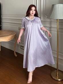 Dazy Plus Fashionable & Elegant Chiffon Contrast Lace V-Neck Loose Plus Size Women Long Nightgown - Mauve Purple - View 1