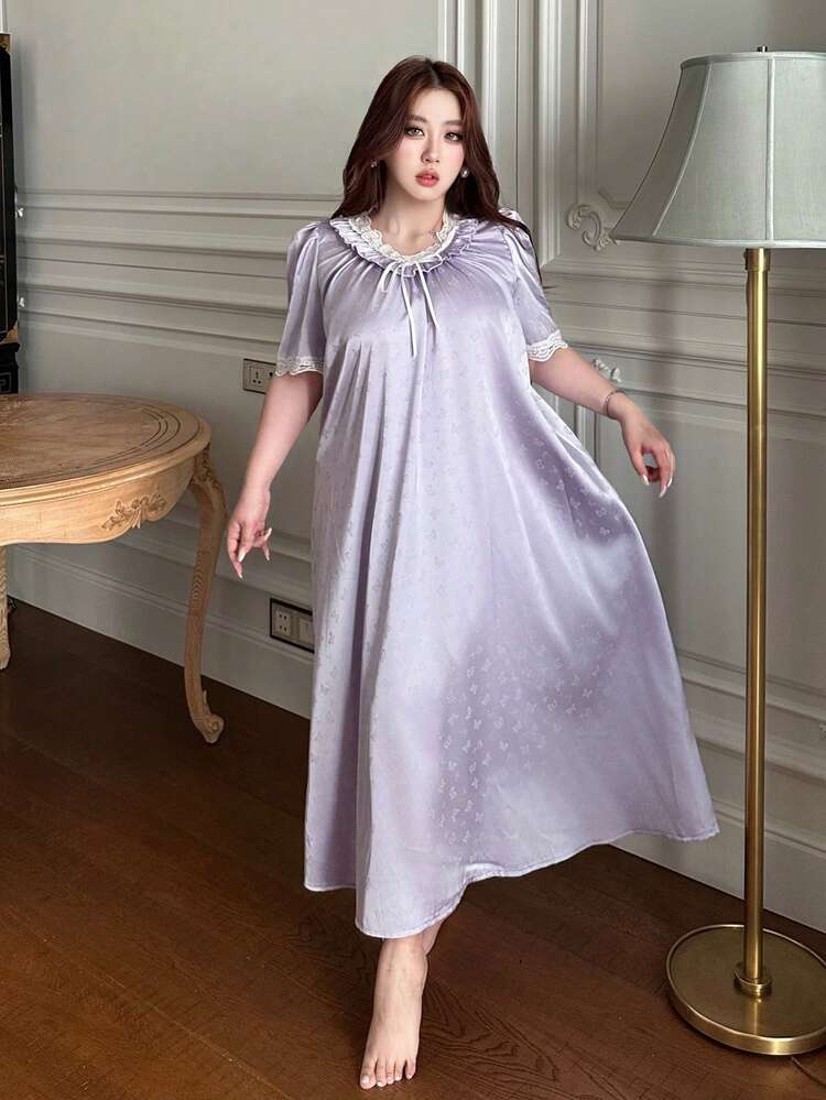 Dazy Plus Fashionable & Elegant Chiffon Contrast Lace V-Neck Loose Plus Size Women Long Nightgown