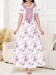 Al Najma 女士优雅V领短袖印花针织连衣裙，适合外穿或叠穿，是约会、度假、日常休闲、派对、节日、春夏的理想之选。女士休闲长裙，印花连衣裙，女士长裙，及地长裙，女士长款连衣裙 - 白色 - 查看 5