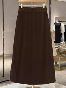 GlowEve CURVE Chân váy chữ A cỡ lớn, thanh lịch, màu trơn, có cúc trang trí. - màu nâu - Xem 2